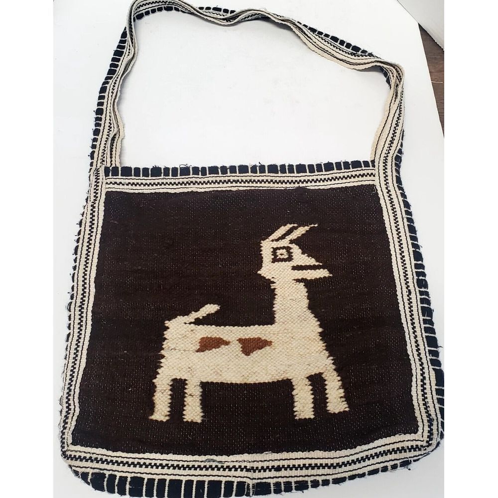 Handmade Peru Textile Tote Handbag Purse Alpaca/Animal Design Brown, Rust, Ivory